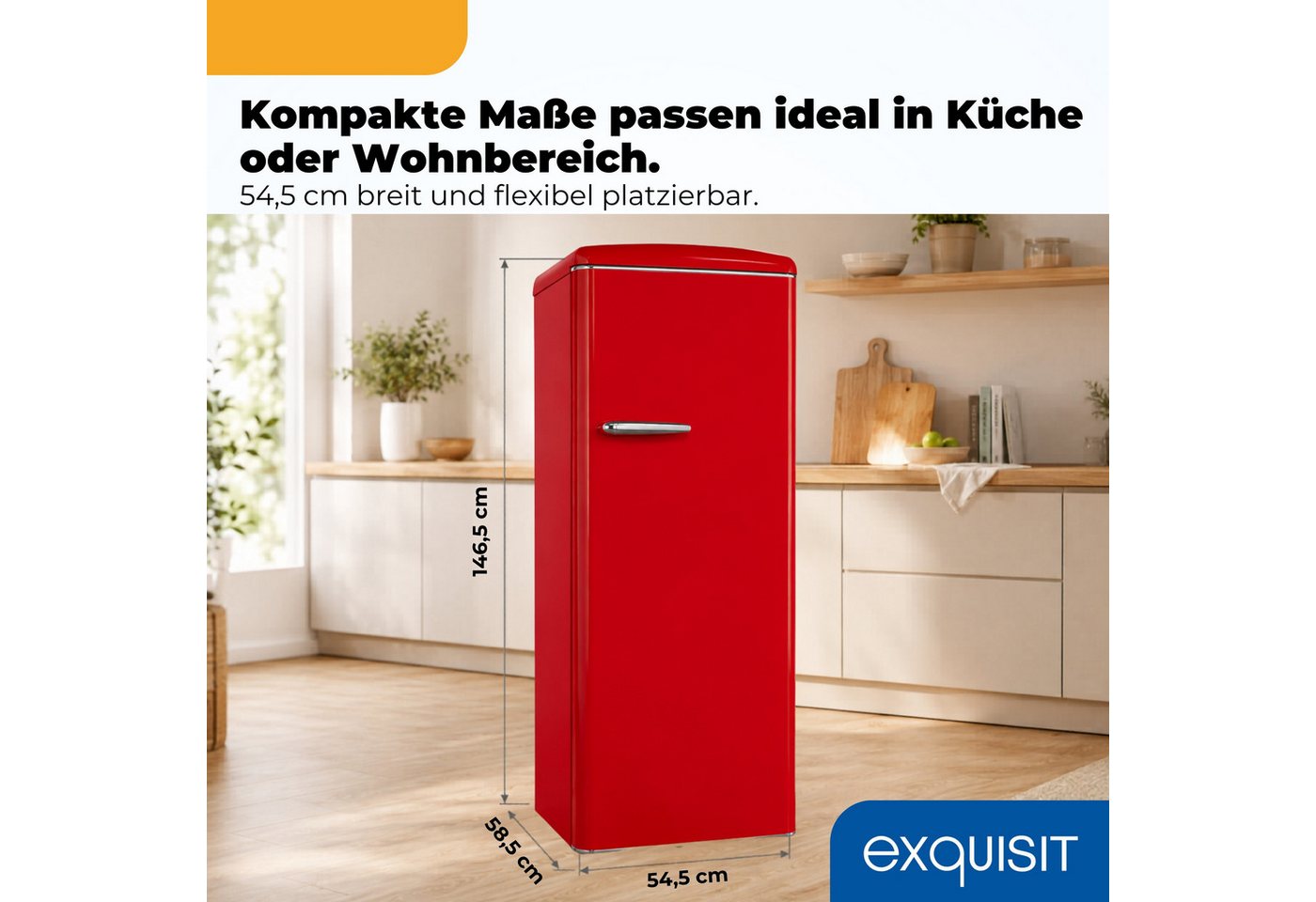 exquisit Kühlschrank RKS325-V-H-160C rot, 146,5 cm hoch, 54,5 cm breit, LED-Beleuchtung, verstellbare Glasböden, Retro-Design Bild 3