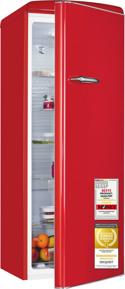 exquisit Kühlschrank RKS325-V-H-160C rot, 146,5 cm hoch, 54,5 cm breit, LED-Beleuchtung, verstellbare Glasböden, Retro-Design Bild 5