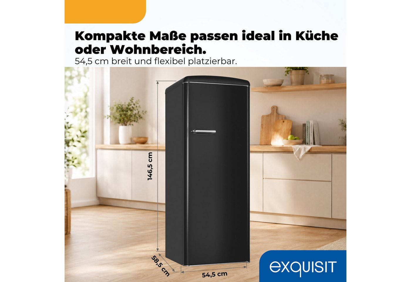 exquisit Kühlschrank RKS325-V-H-160C mattschwarz, 146,5 cm hoch, 54,5 cm breit, LED-Beleuchtung, verstellbare Glasböden, Retro-Design Bild 3