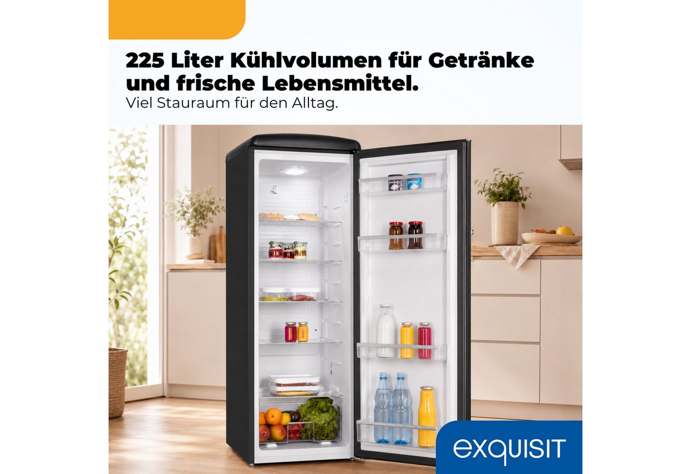 exquisit Kühlschrank RKS325-V-H-160C mattschwarz, 146,5 cm hoch, 54,5 cm breit, LED-Beleuchtung, verstellbare Glasböden, Retro-Design Bild 4