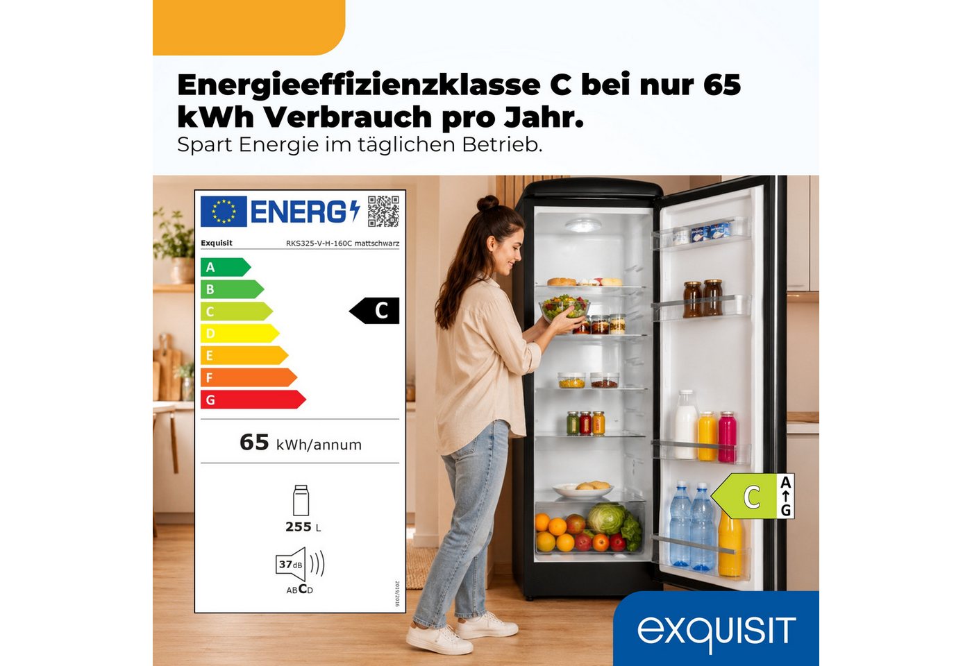 exquisit Kühlschrank RKS325-V-H-160C mattschwarz, 146,5 cm hoch, 54,5 cm breit, LED-Beleuchtung, verstellbare Glasböden, Retro-Design Bild 5