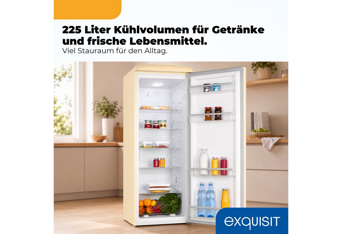 exquisit Kühlschrank RKS325-V-H-160C magnolienweiss, 146,5 cm hoch, 54,5 cm breit, LED-Beleuchtung, verstellbare Glasböden, Retro-Design