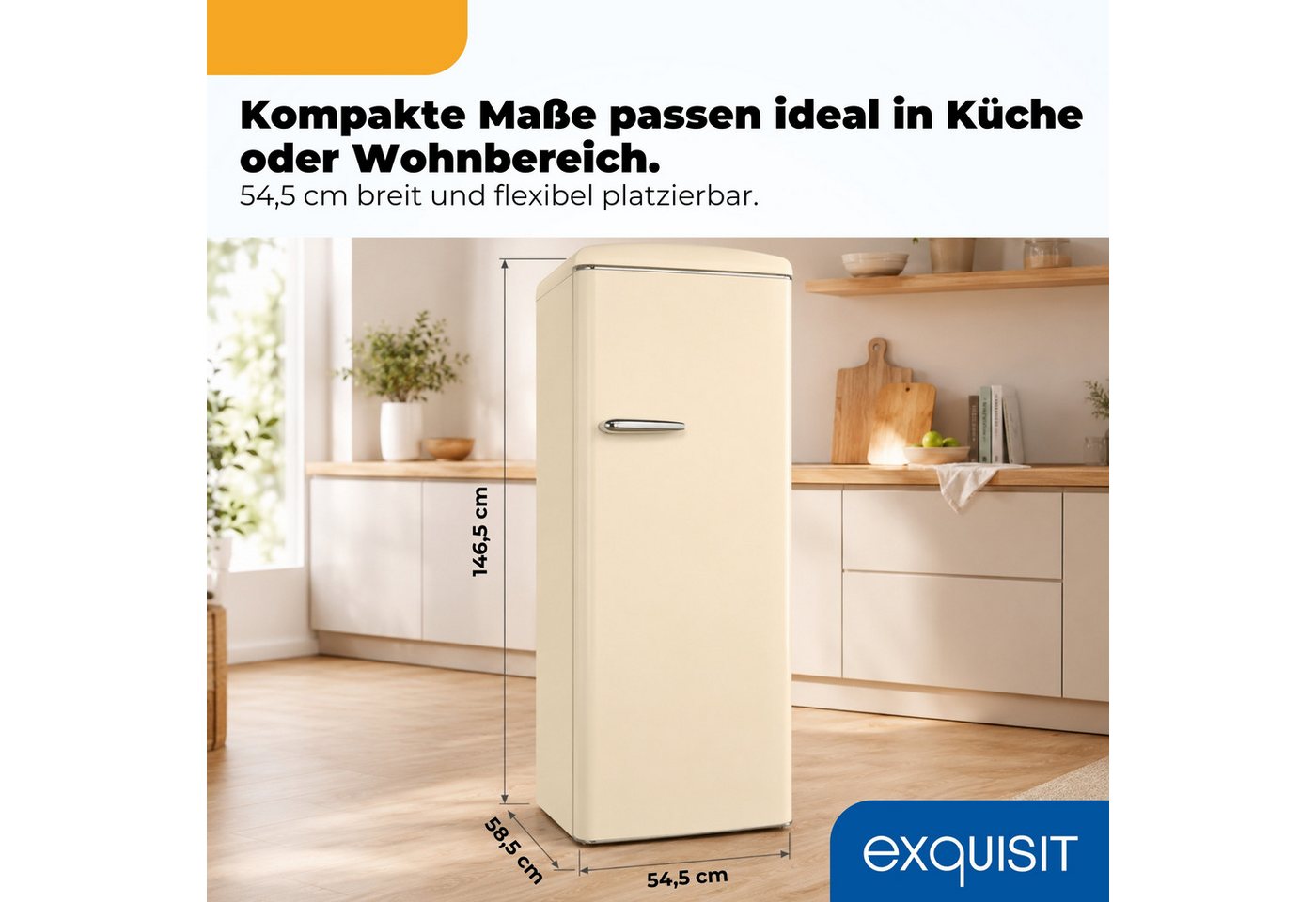 exquisit Kühlschrank RKS325-V-H-160C magnolienweiss, 146,5 cm hoch, 54,5 cm breit, LED-Beleuchtung, verstellbare Glasböden, Retro-Design Bild 3