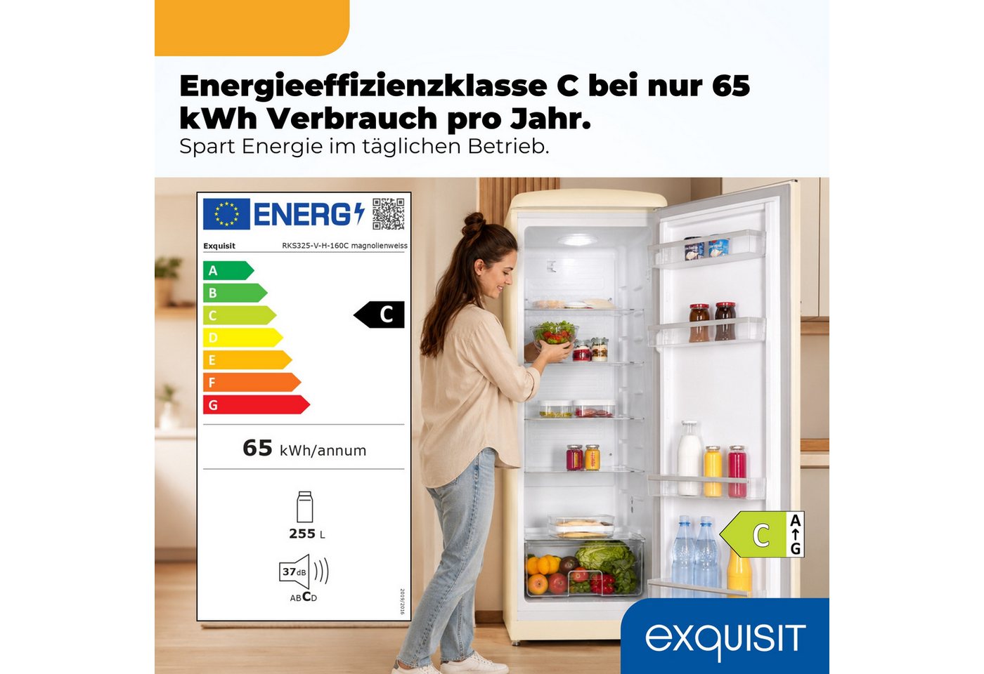 exquisit Kühlschrank RKS325-V-H-160C magnolienweiss, 146,5 cm hoch, 54,5 cm breit, LED-Beleuchtung, verstellbare Glasböden, Retro-Design Bild 4