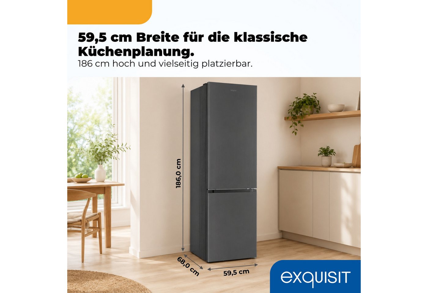 exquisit Kühl-/Gefrierkombination KGC340-115-NF-040C inoxlook-az, 186 cm hoch, 59,5 cm breit, NoFrost Technologie für dauerhaft eisfrei ohne Abtauen