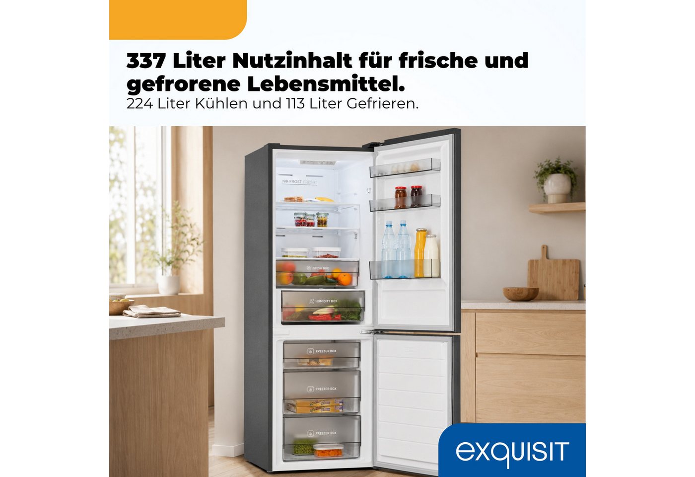 exquisit Kühl-/Gefrierkombination KGC340-115-NF-040C inoxlook-az, 186 cm hoch, 59,5 cm breit, NoFrost Technologie für dauerhaft eisfrei ohne Abtauen Bild 4