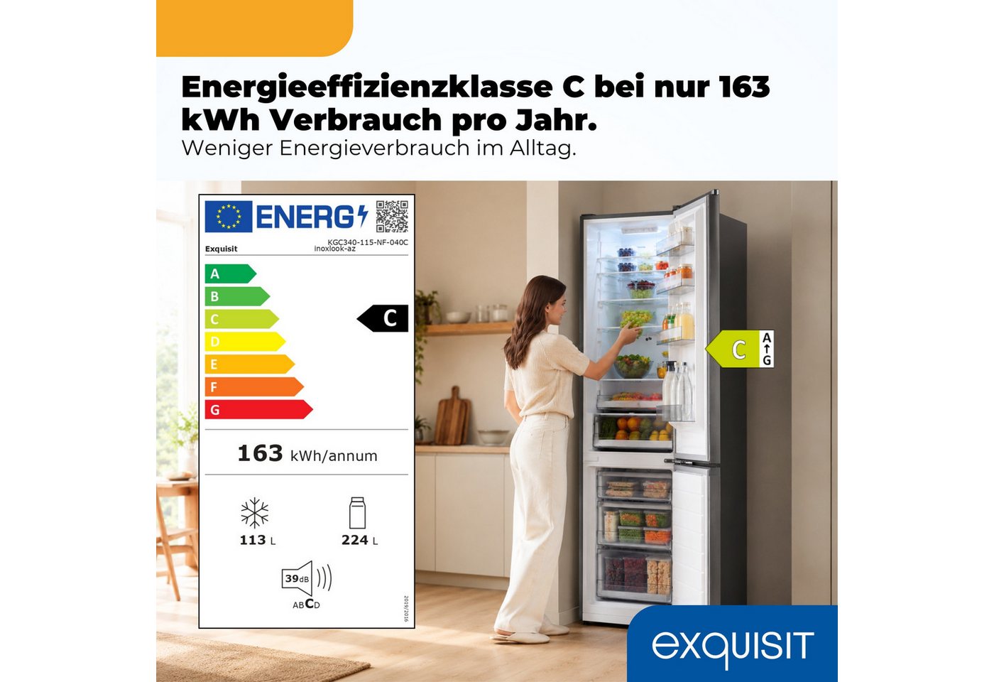 exquisit Kühl-/Gefrierkombination KGC340-115-NF-040C inoxlook-az, 186 cm hoch, 59,5 cm breit, NoFrost Technologie für dauerhaft eisfrei ohne Abtauen Bild 5