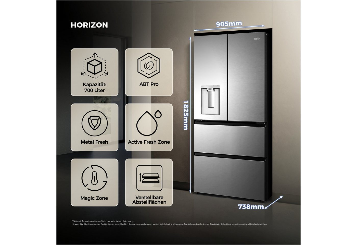 Haier Multi Door Horizon Collection HFR59F18CWMM, 182,5 cm hoch, 90,5 cm breit, Wasserdispenser mit Tank