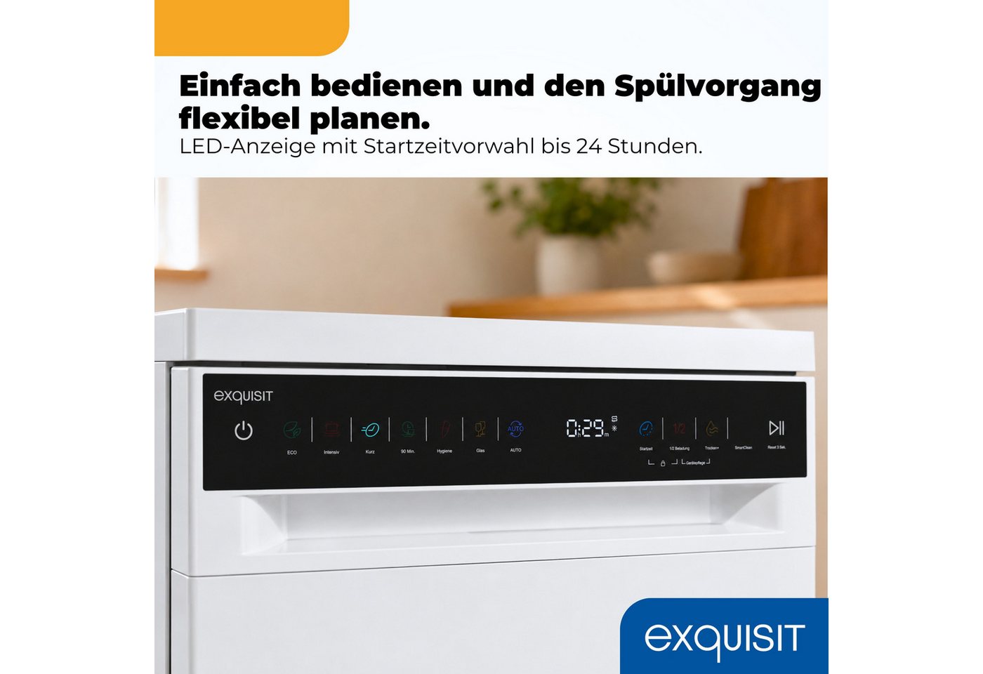 exquisit Standgeschirrspüler 9311 GSP9311-450C weiss, 9 l, 11 Maßgedecke, 10 Maßgedecke, 7 Programme, Besteckschublade, Auto Door Open, AquaStop Bild 2