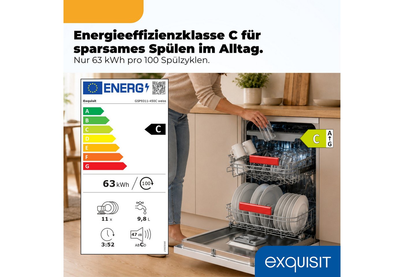 exquisit Standgeschirrspüler 9311 GSP9311-450C weiss, 9 l, 11 Maßgedecke, 10 Maßgedecke, 7 Programme, Besteckschublade, Auto Door Open, AquaStop Bild 5