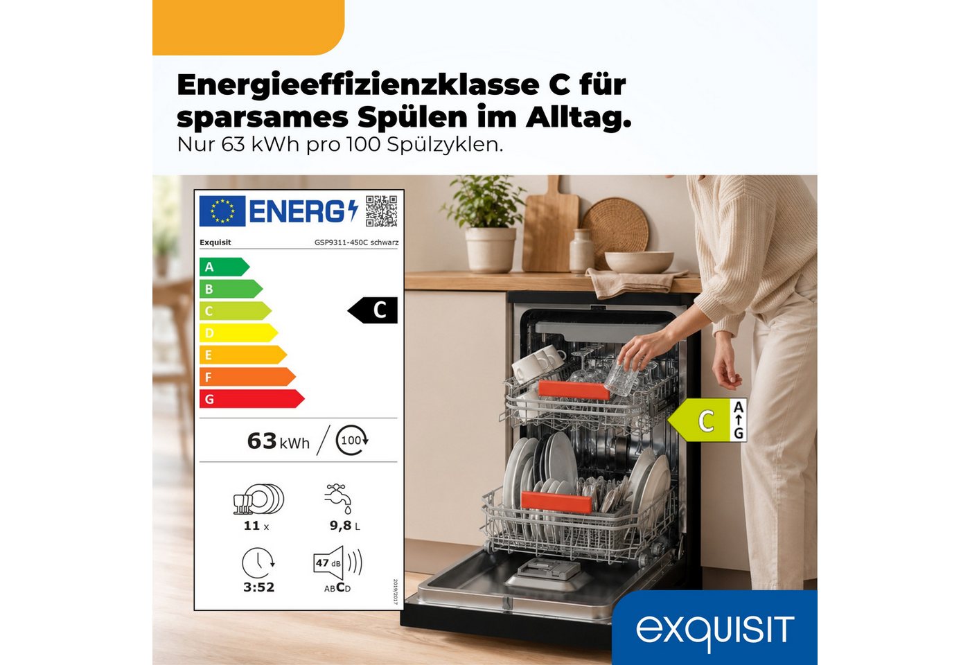 exquisit Standgeschirrspüler 9311 GSP9311-450C schwarz, 9 l, 10 Maßgedecke, 10 Maßgedecke, LED, Besteckschublade, Auto Door Open, AquaStop