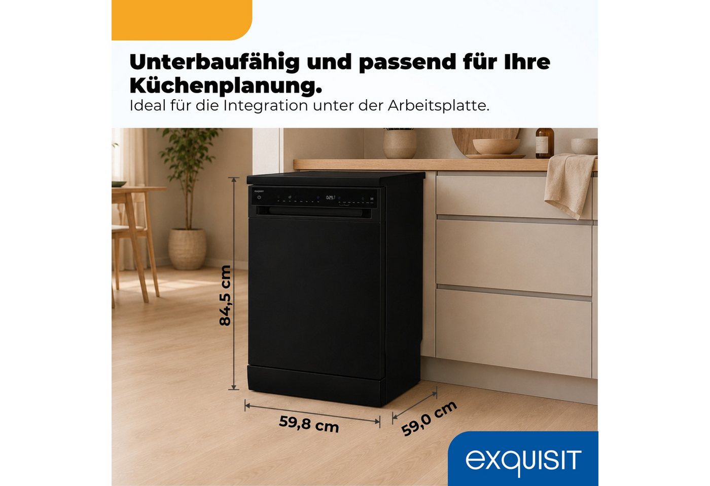 exquisit Standgeschirrspüler 9316 GSP9316-450C schwarz, 10,9 l, 16 Maßgedecke, 16 Maßgedecke, LED, Besteckschublade, Auto Door Open, AquaStop