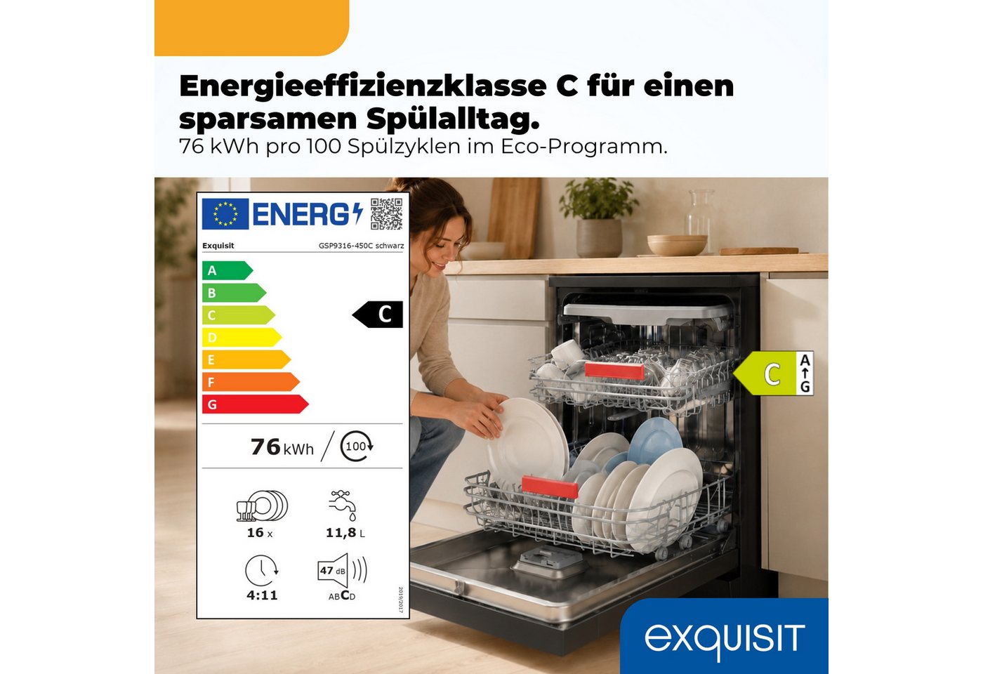 exquisit Standgeschirrspüler 9316 GSP9316-450C schwarz, 10,9 l, 16 Maßgedecke, 16 Maßgedecke, LED, Besteckschublade, Auto Door Open, AquaStop Bild 5