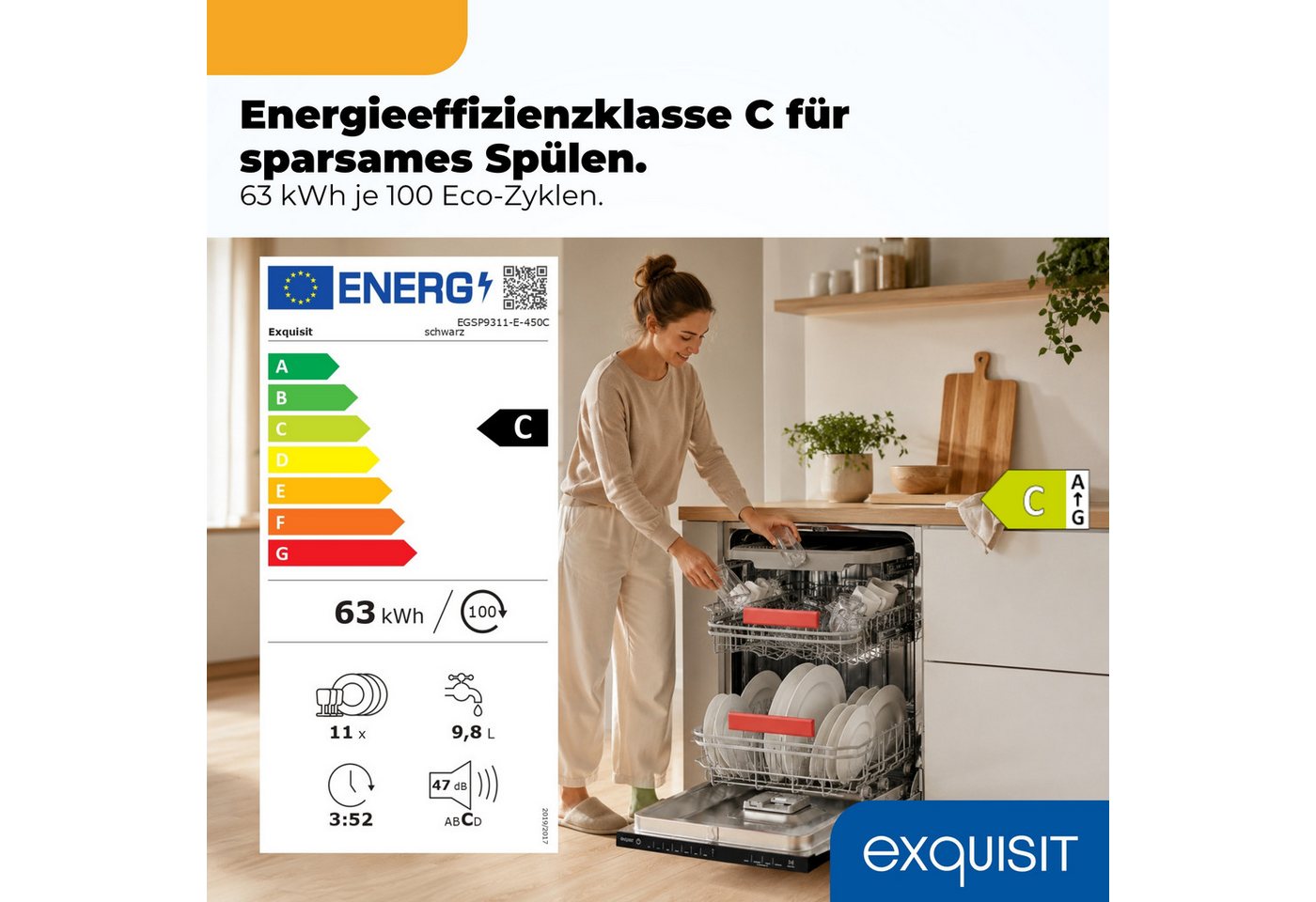 exquisit vollintegrierbarer Geschirrspüler 9311 EGSP9311-E-450C schwarz, 9,8 l, 11 Maßgedecke, Mehr Komfort mit LED-Fußbodenanzeige & AquaStop Bild 3