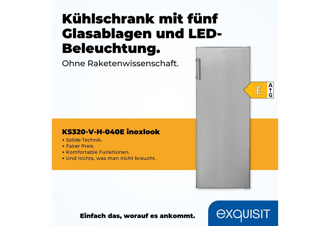 exquisit Kühlschrank KS320-V-H-040E inoxlook, 142,6 cm hoch, 54,4 cm breit, Großzügiger Kühlraum für mehr Frische und beste Übersicht Bild 3