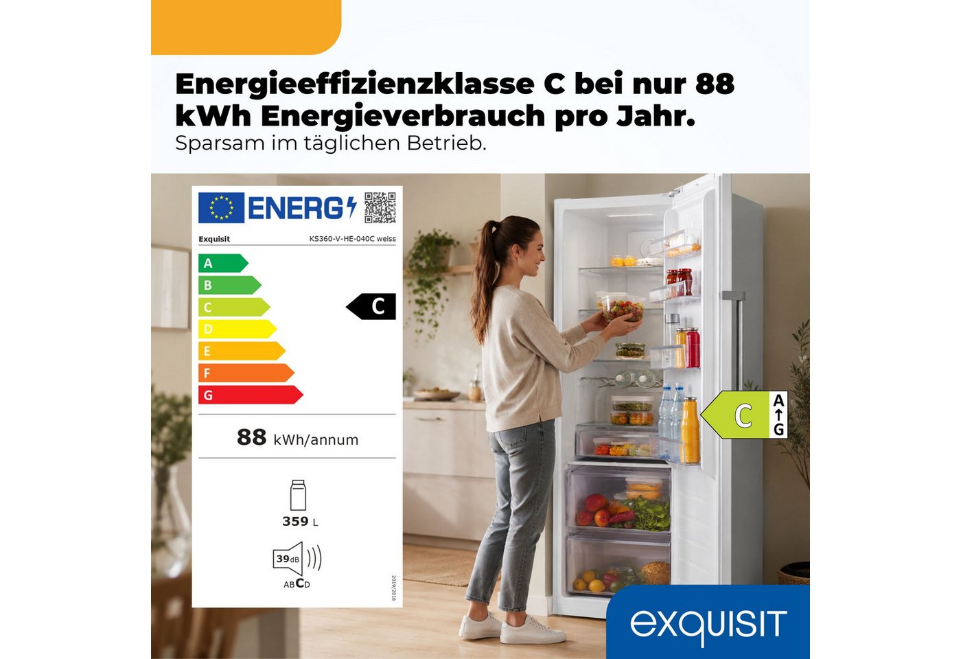 exquisit Kühlschrank KS360-V-HE-040C weiss, 185 cm hoch, 60 cm breit, Nie wieder abtauen: Vollraum-Kühlschrank mit No-Frost & LED Bild 5