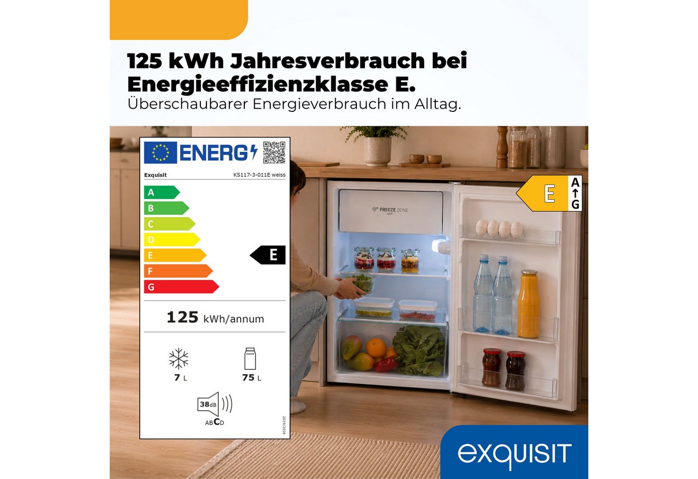 exquisit Kühlschrank KS117-3-011E weiss, 84 cm hoch, 48 cm breit, Perfekte Kühlung & Gefrierfach: 82 L Mini-Kombi für jede Küche Bild 2
