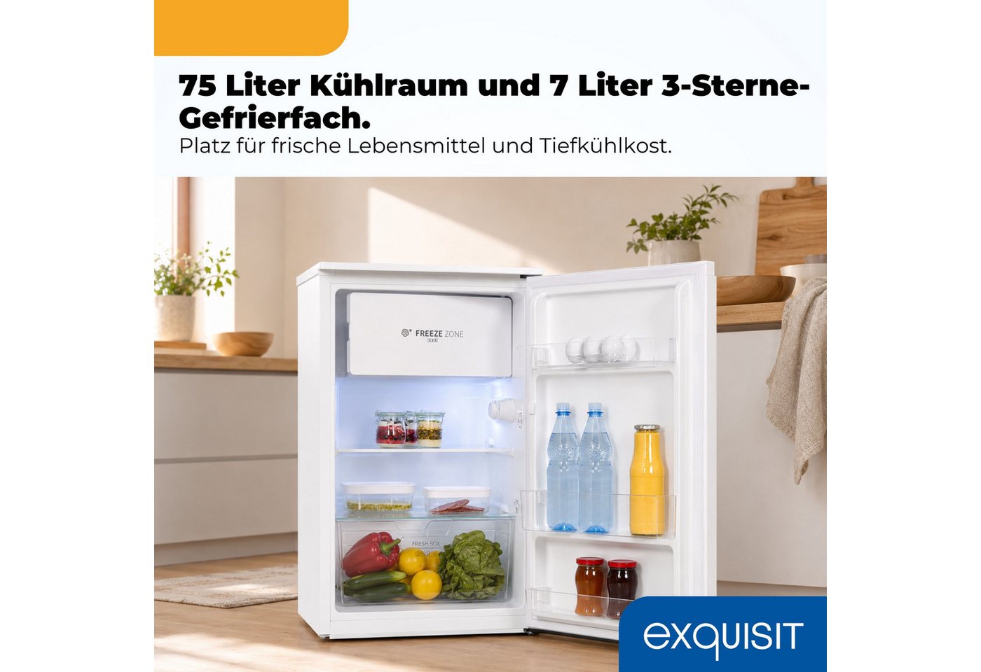 exquisit Kühlschrank KS117-3-011E weiss, 84 cm hoch, 48 cm breit, Perfekte Kühlung & Gefrierfach: 82 L Mini-Kombi für jede Küche Bild 5