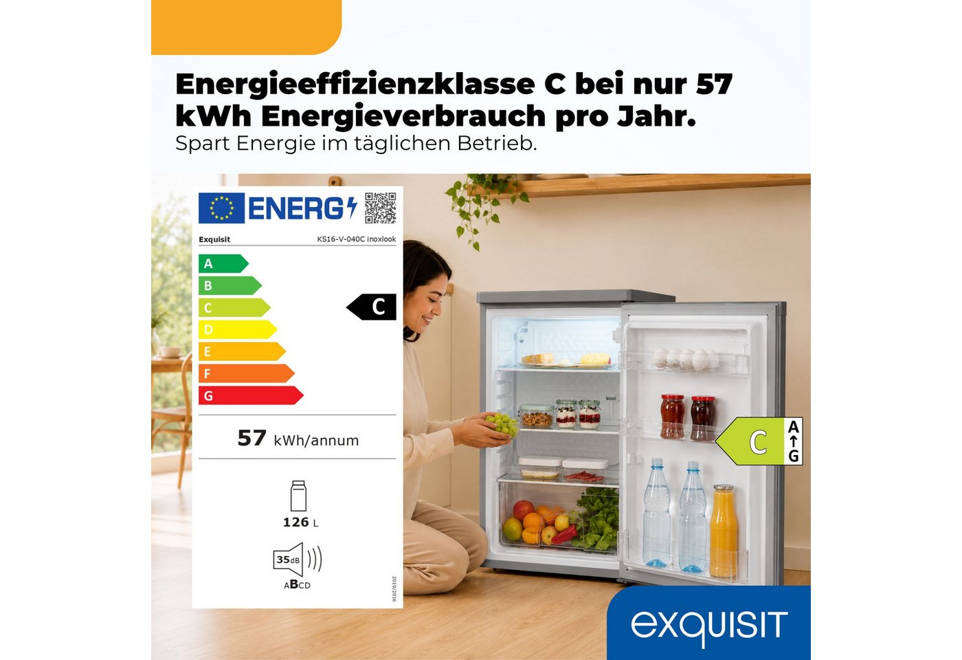 exquisit Kühlschrank KS16-V-040C inoxlook, 85 cm hoch, 55 cm breit, Helles LED-Licht für optimale Innenraumbeleuchtung Bild 5