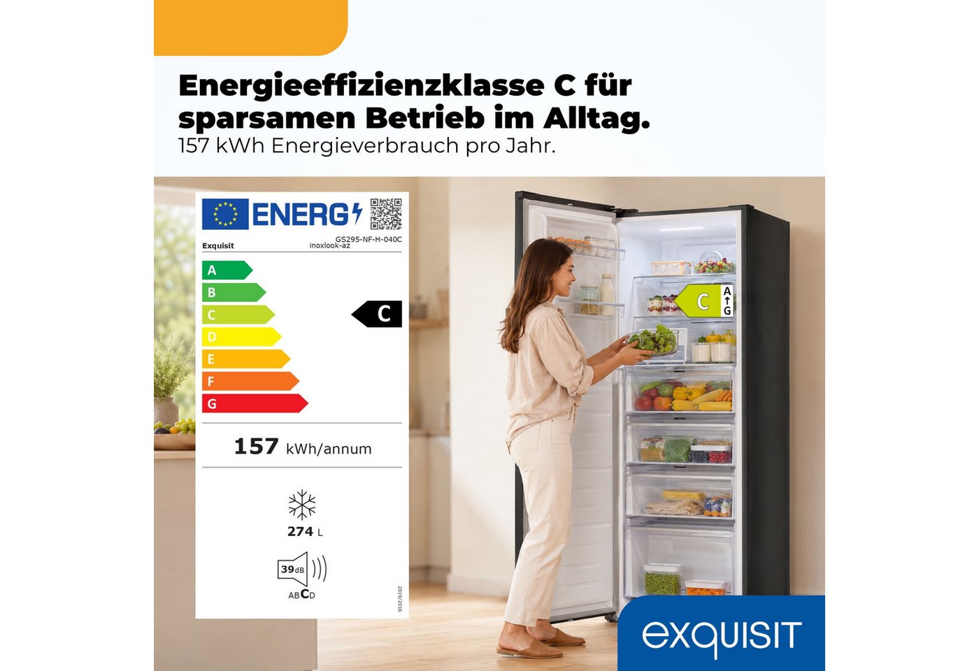 exquisit Gefrierschrank GS295-NF-H-040C inoxlook-az, 185 cm hoch, 60 cm breit, Viel Platz, starke Gefrierleistung & No Frost für eisfreies Gefrieren Bild 4