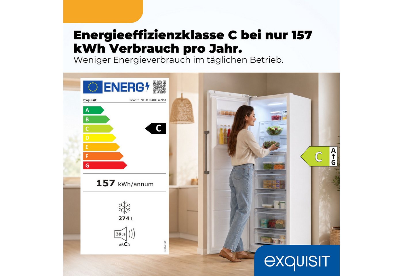 exquisit Gefrierschrank GS295-NF-H-040C weiss, 185 cm hoch, 60 cm breit, Viel Platz, starke Gefrierleistung & No Frost für eisfreies Gefrieren Bild 3