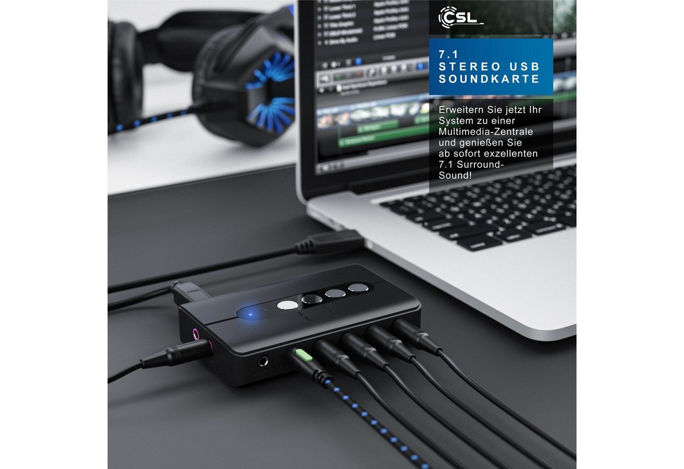 CSL extern, 7.1 Surround Sound, Stereo Audio Adapter, für PC - Win 10, 11 USB-Soundkarte, Lautstärkeregelung, Kopfhörer Anschluss, Mikrofon mit Stummschaltung Bild 2