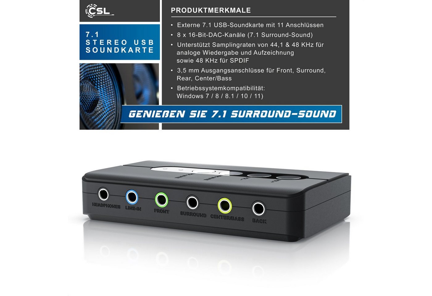 CSL extern, 7.1 Surround Sound, Stereo Audio Adapter, für PC - Win 10, 11 USB-Soundkarte, Lautstärkeregelung, Kopfhörer Anschluss, Mikrofon mit Stummschaltung Bild 3