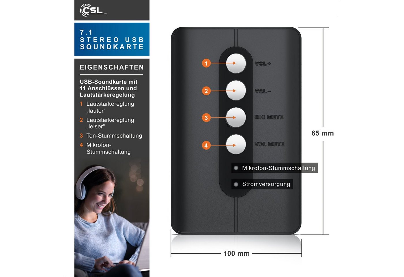 CSL extern, 7.1 Surround Sound, Stereo Audio Adapter, für PC - Win 10, 11 USB-Soundkarte, Lautstärkeregelung, Kopfhörer Anschluss, Mikrofon mit Stummschaltung Bild 4