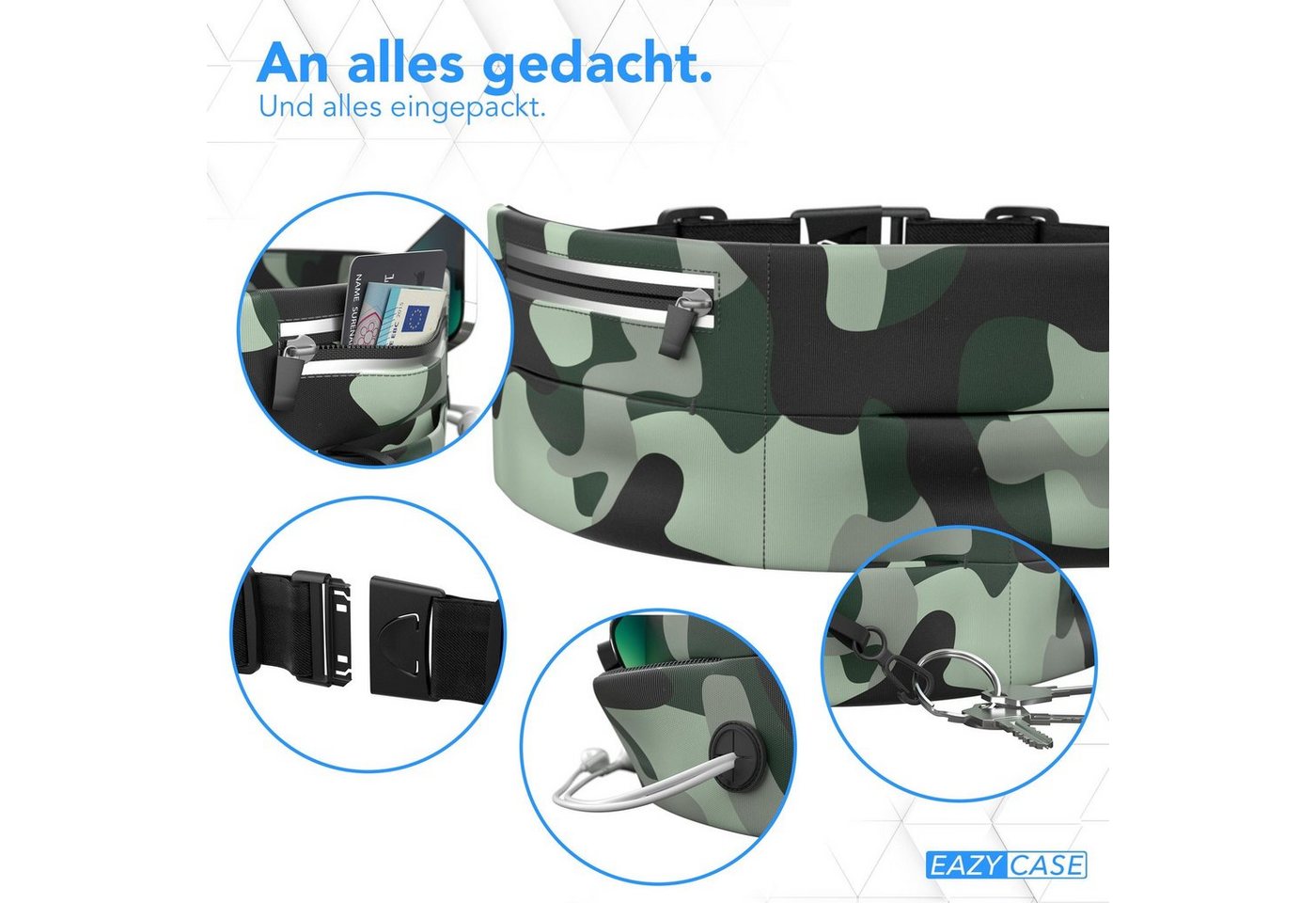 EAZY CASE Laufgürtel Universal Sport Bauchtasche Breit Laufgürtel Joggen Damen Bauchtasche Sporttasche Schwarz Camouflage