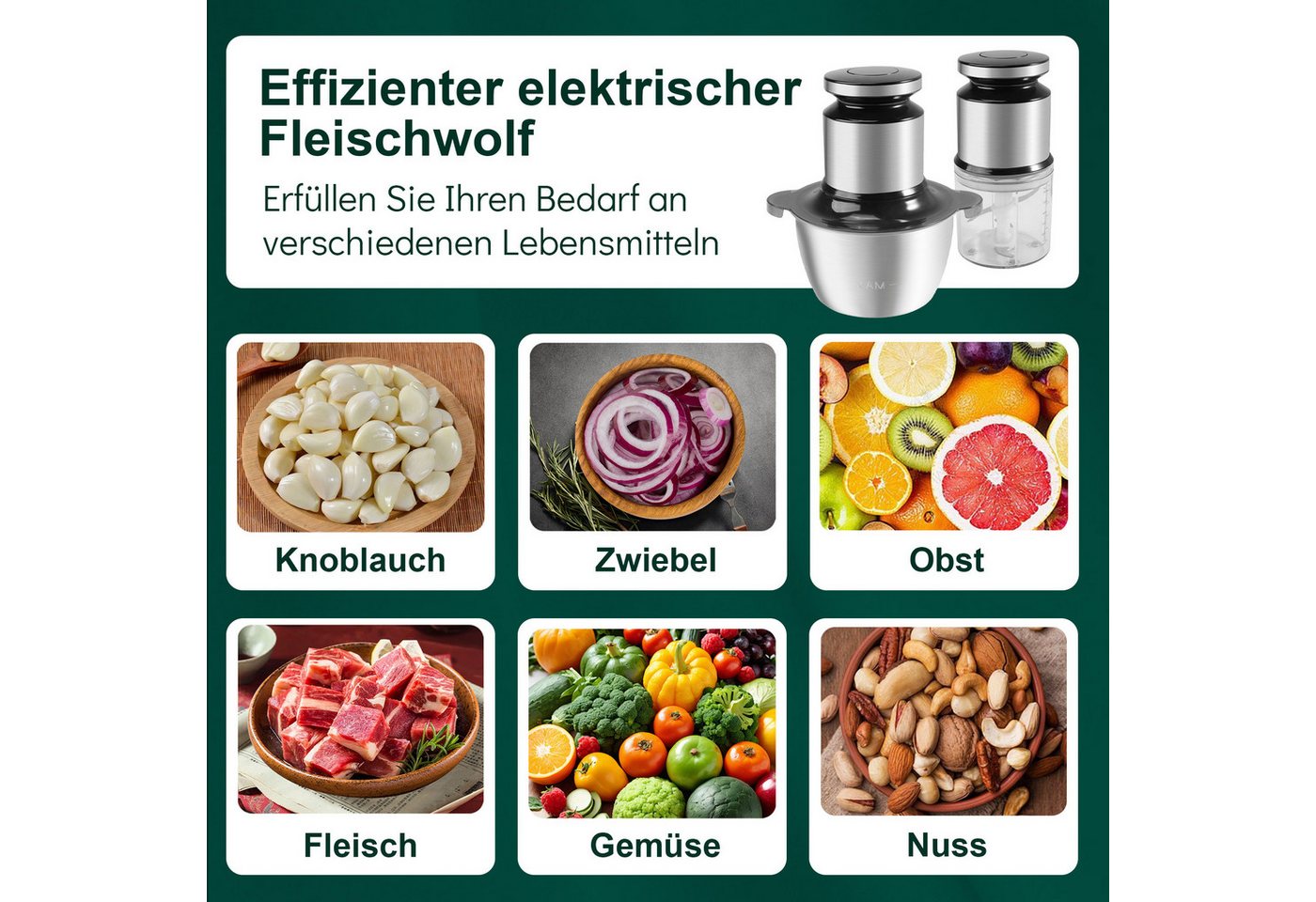 ibettertec Zerkleinerer Zerkleinerer Universalzerkleinerer Elektrisch mit 2L Edelstahlschüssel, 1000W Multizerkleinerer mit 2 Klingen für Fleischwolf Zwiebeln Gemüse Bild 3
