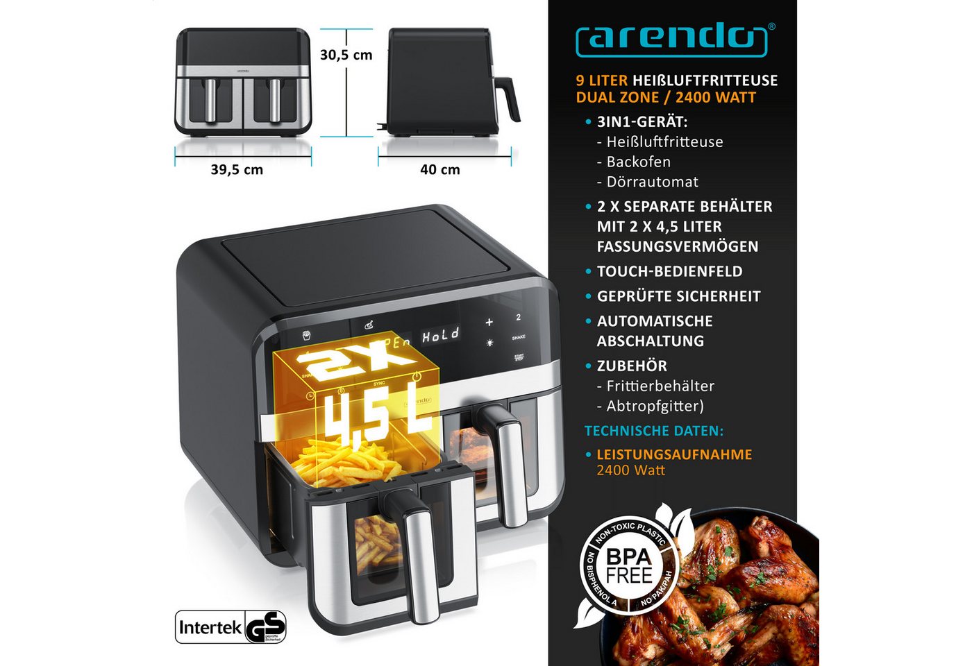 Arendo Heißluftfritteuse XXL Doppelkammer Airfryer 9L mit Backpapier & Zubehör, Dual Zone, 2400 W, Sichtfenster mit Beleuchtung, Umluftsystem, fettarmes gesundes Kochen