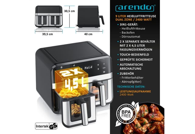 Arendo Heißluftfritteuse XXL Doppelkammer Airfryer 9L mit Backpapier & Zubehör, Dual Zone, 2400 W, Sichtfenster mit Beleuchtung, Umluftsystem, fettarmes gesundes Kochen