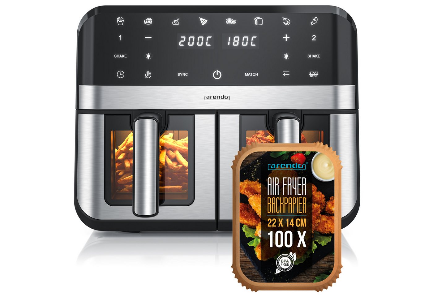 Arendo Heißluftfritteuse XXL Doppelkammer Airfryer 9L mit Backpapier & Zubehör, Dual Zone, 2400 W, Sichtfenster mit Beleuchtung, Umluftsystem, fettarmes gesundes Kochen Bild 2