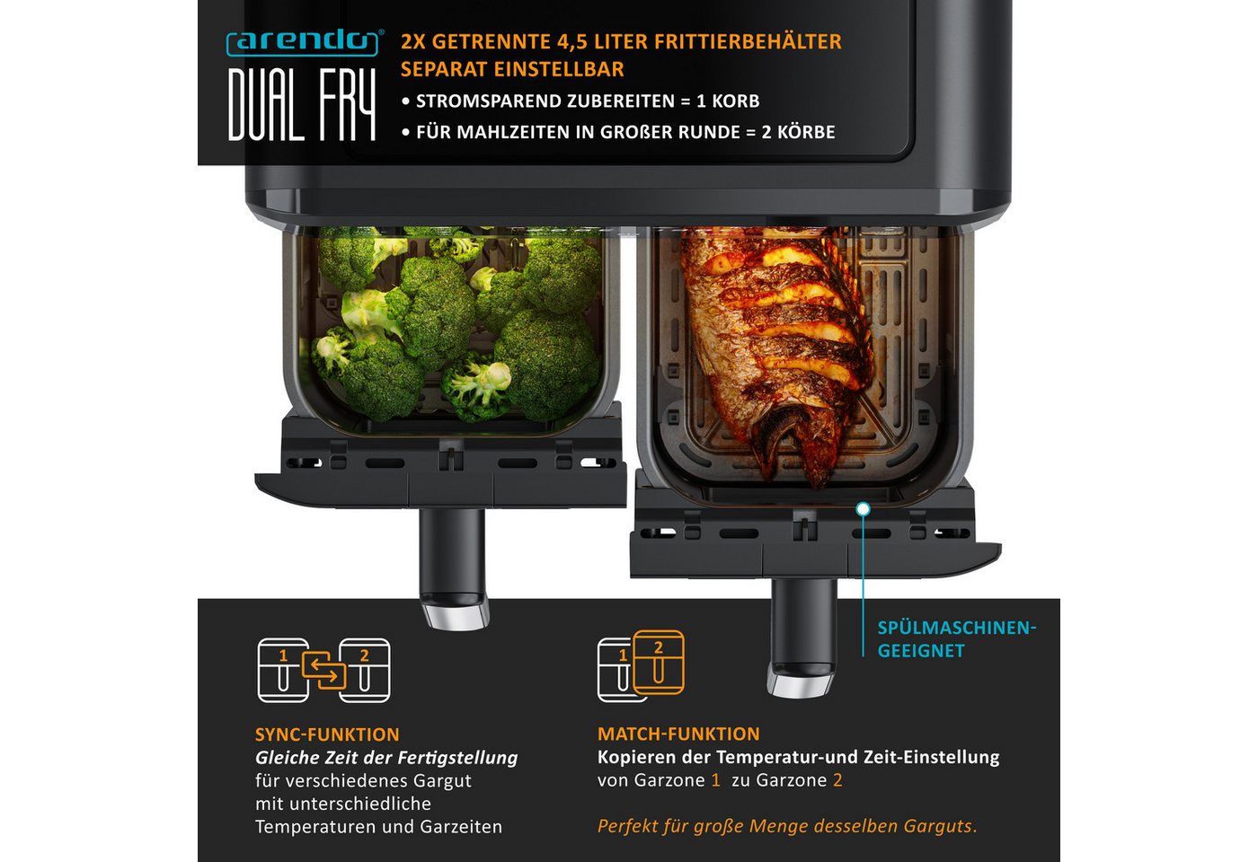 Arendo Heißluftfritteuse XXL Doppelkammer Airfryer 9L mit Backpapier & Zubehör, Dual Zone, 2400 W, Sichtfenster mit Beleuchtung, Umluftsystem, fettarmes gesundes Kochen Bild 4