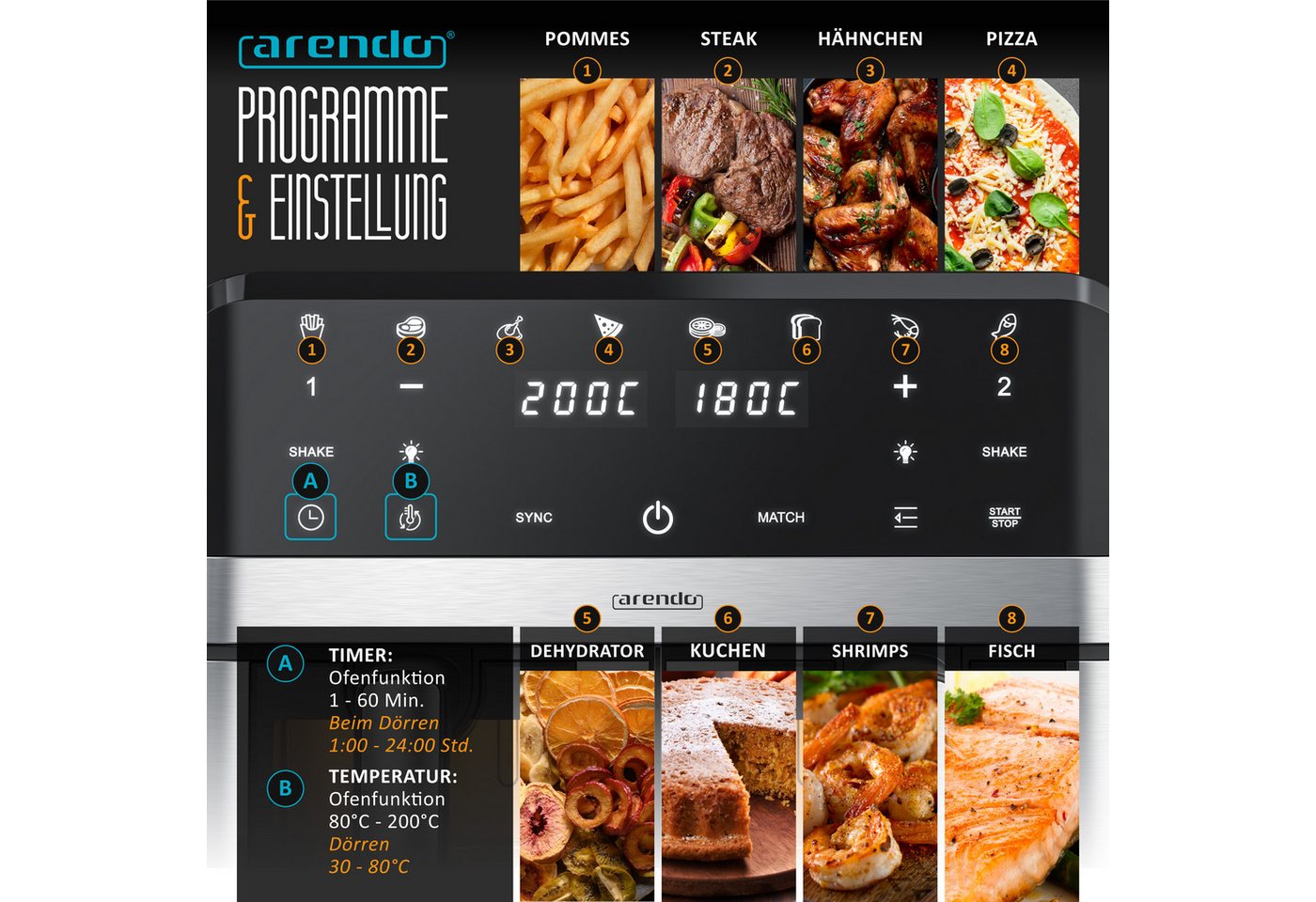 Arendo Heißluftfritteuse XXL Doppelkammer Airfryer 9L mit Backpapier & Zubehör, Dual Zone, 2400 W, Sichtfenster mit Beleuchtung, Umluftsystem, fettarmes gesundes Kochen Bild 5