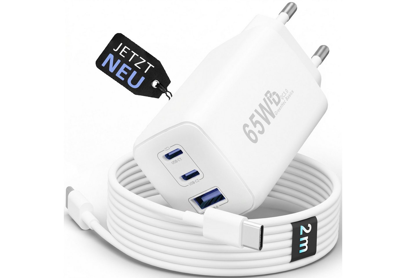 GreenHec 65w USB-C Ladegerät 3-Port Mehrfach Schnellladegerät GAN Netzteil Schnelllade-Gerät (50 mA, Spar-Set, Universelle Kompatibilität, + Ladekabel Fast Charger Adapter Macbook Ladestation Type C + USB-AA) Bild 5