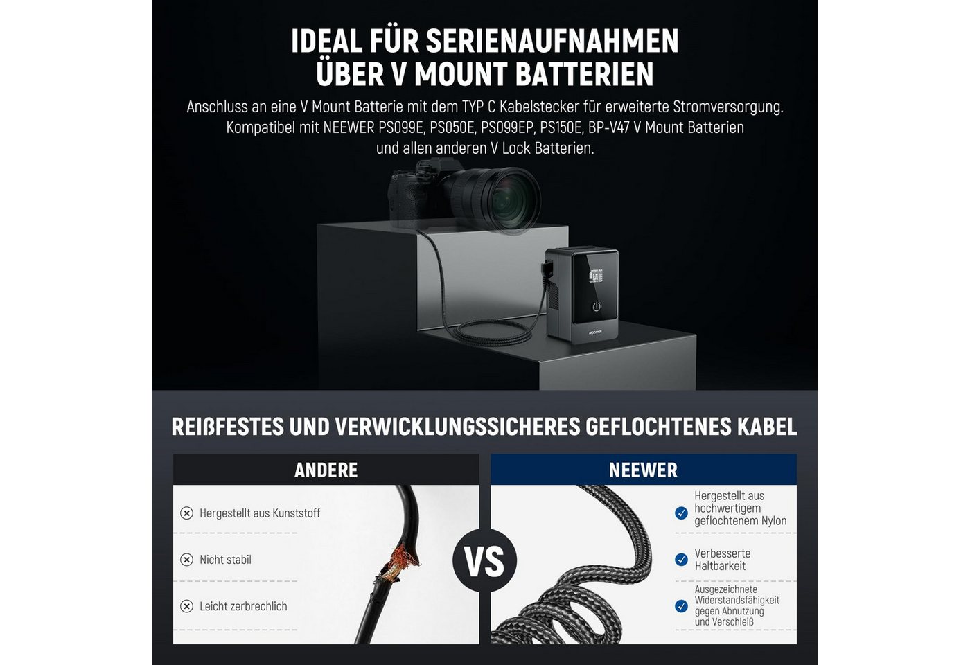 Neewer TC-FZ100 USB-C Dummy Akku für Sony NP-FZ100 A7/FX/ZV Serie Kamera-Akku, Stabile Stromversorgung/Vollständig dekodiert Bild 2