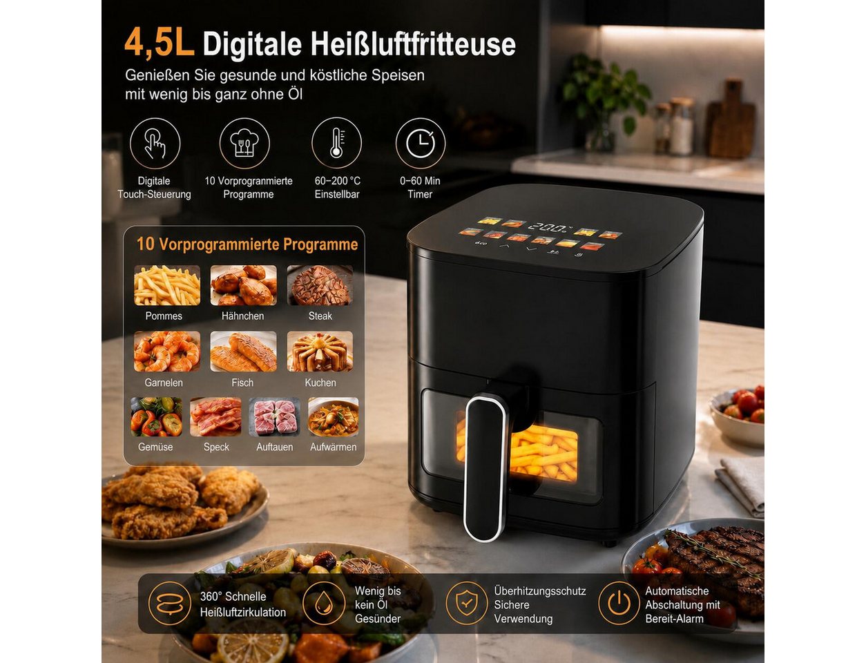 OZAVO Heißluftfritteuse 4,5L XXL, 1200W Airfryer mit 10 Programmen & Sichtfenster, 1200 W, Digitales LED-Display, Heißluft Fritteuse Ohne Öl, für 3-5 Personen