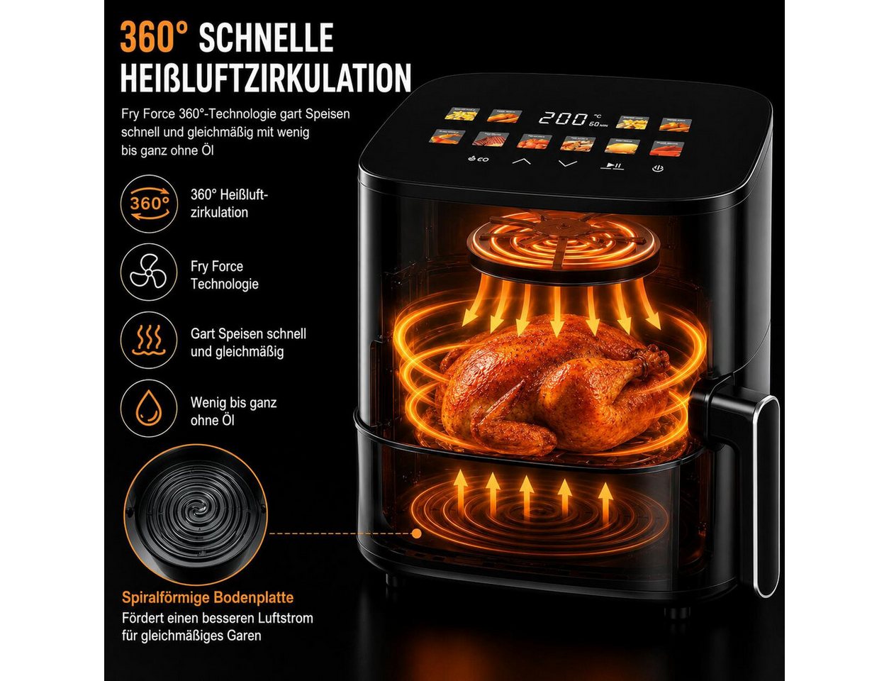 OZAVO Heißluftfritteuse 4,5L XXL, 1200W Airfryer mit 10 Programmen & Sichtfenster, 1200 W, Digitales LED-Display, Heißluft Fritteuse Ohne Öl, für 3-5 Personen Bild 2