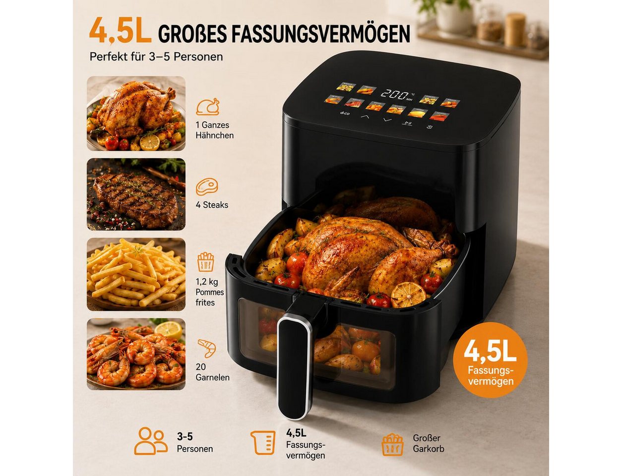 OZAVO Heißluftfritteuse 4,5L XXL, 1200W Airfryer mit 10 Programmen & Sichtfenster, 1200 W, Digitales LED-Display, Heißluft Fritteuse Ohne Öl, für 3-5 Personen Bild 3