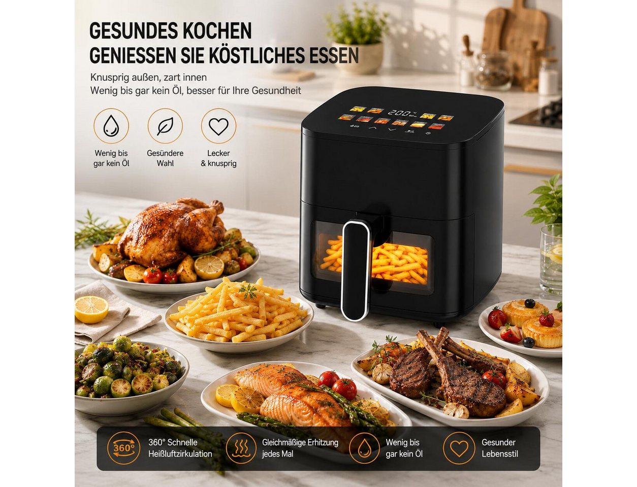 OZAVO Heißluftfritteuse 4,5L XXL, 1200W Airfryer mit 10 Programmen & Sichtfenster, 1200 W, Digitales LED-Display, Heißluft Fritteuse Ohne Öl, für 3-5 Personen Bild 4
