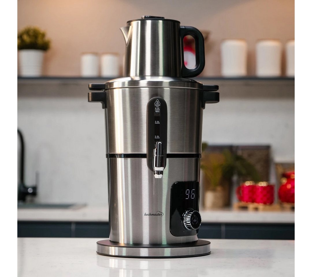 kochmaster Teebereiter KOCHMASTER Aura Elektrische Samowar aus Edelstahl, 2000 W, Elektrischer Samowar mit 4,0 L Wasserbehälter, 5 Programme