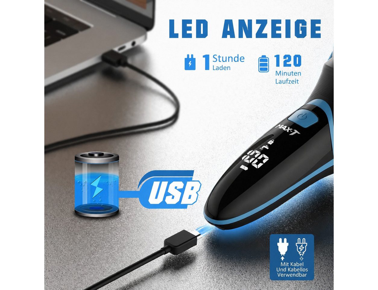 MAX-T Elektrorasierer Elektrischer Rasierer Wet & Dry, mit LED-Reisesicherung, mit ausklappbarem Präzisionstrimmer Bild 4