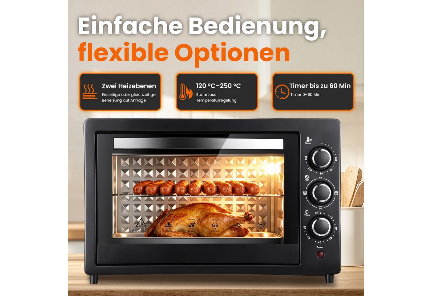 CkeyiN Pro Minibackofen 42 L,2000W Kleiner Backofen,Camping Ofen,Ober-/Unterhitze, Pizzaofen 100-250°C,60 min Timer,mit Backblech