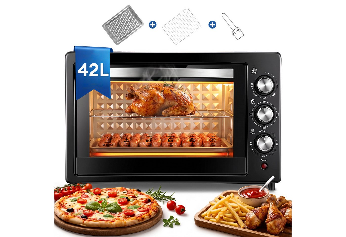 CkeyiN Pro Minibackofen 42 L,2000W Kleiner Backofen,Camping Ofen,Ober-/Unterhitze, Pizzaofen 100-250°C,60 min Timer,mit Backblech Bild 2
