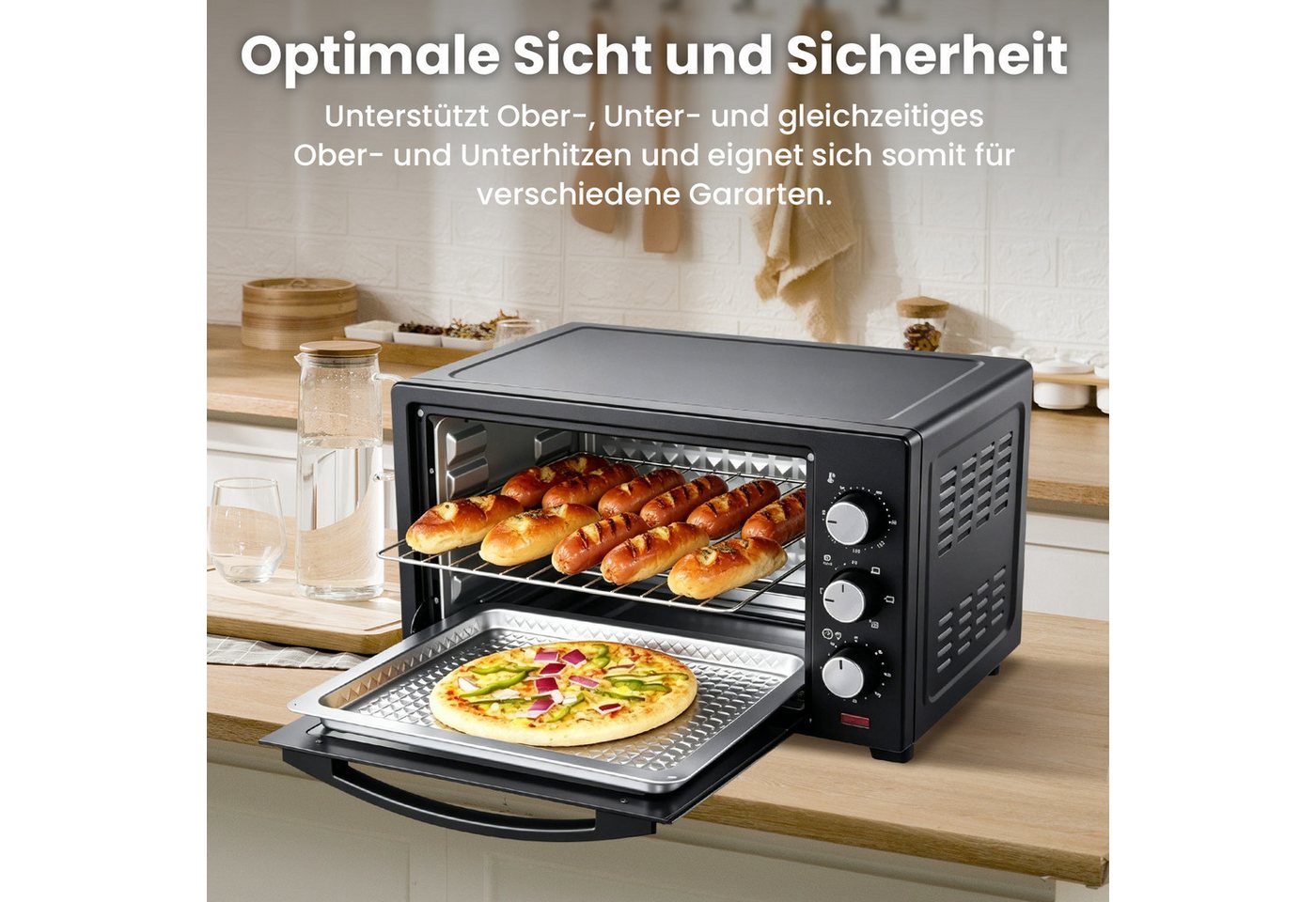 CkeyiN Pro Minibackofen 42 L,2000W Kleiner Backofen,Camping Ofen,Ober-/Unterhitze, Pizzaofen 100-250°C,60 min Timer,mit Backblech Bild 3