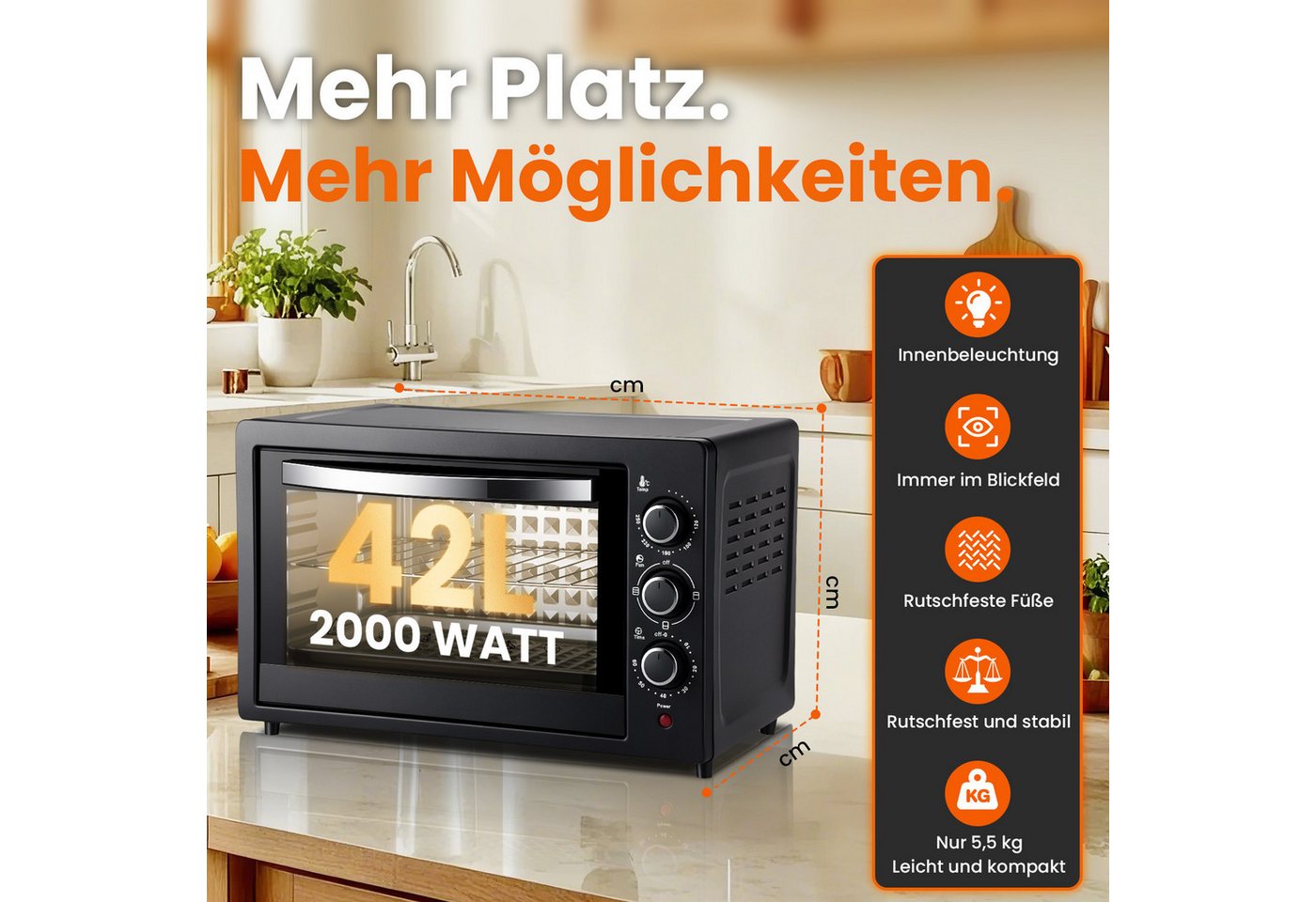 CkeyiN Pro Minibackofen 42 L,2000W Kleiner Backofen,Camping Ofen,Ober-/Unterhitze, Pizzaofen 100-250°C,60 min Timer,mit Backblech Bild 5