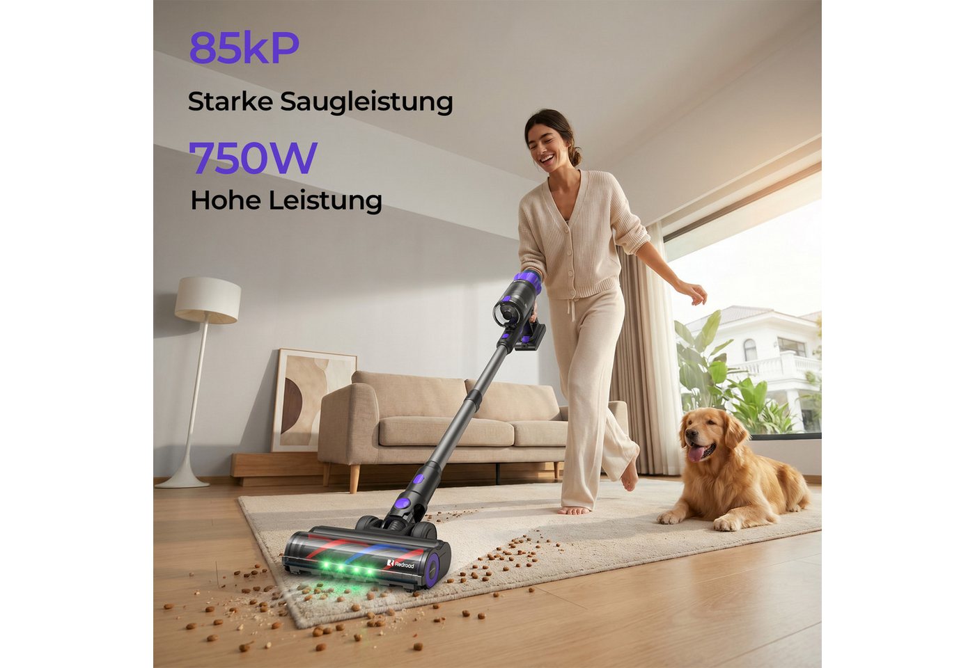 redroad Akku-Hand-und Stielstaubsauger 85000Pa Akkustaubsauger 750W/90Min/ Staubsauger Kabellos, 750 W, 2,8 L Kabelloser Staubsauger - Extra leiser Elektrischer Staubsauger mit Anti-Verwickdungsburste, 2,8L Staubbehälter, 45dB leise/11-Stufen-Filter/OLED Display Bild 5