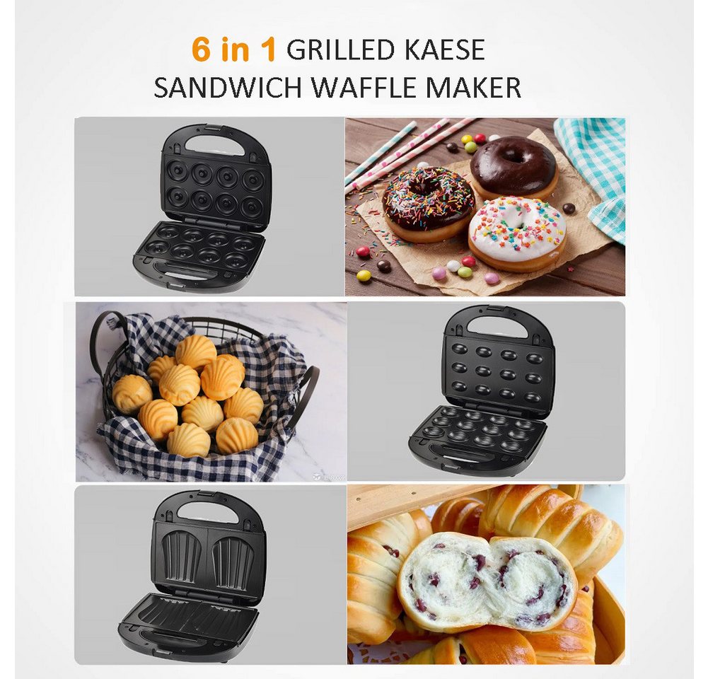SOKANY Sandwichmaker 6-in-1 Waffel/Panini/Donut Maker, Antihaftbeschichtung, 750 W