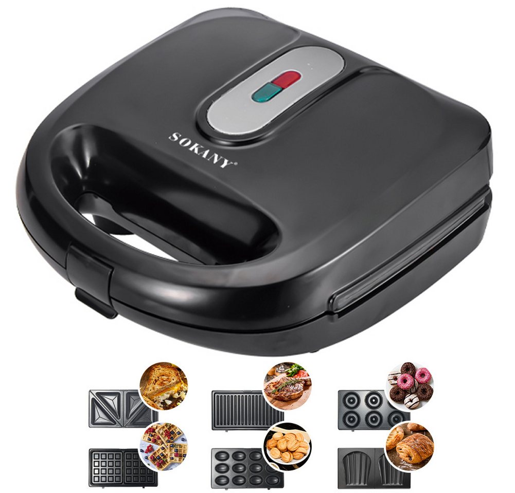 SOKANY Sandwichmaker 6-in-1 Waffel/Panini/Donut Maker, Antihaftbeschichtung, 750 W Bild 2